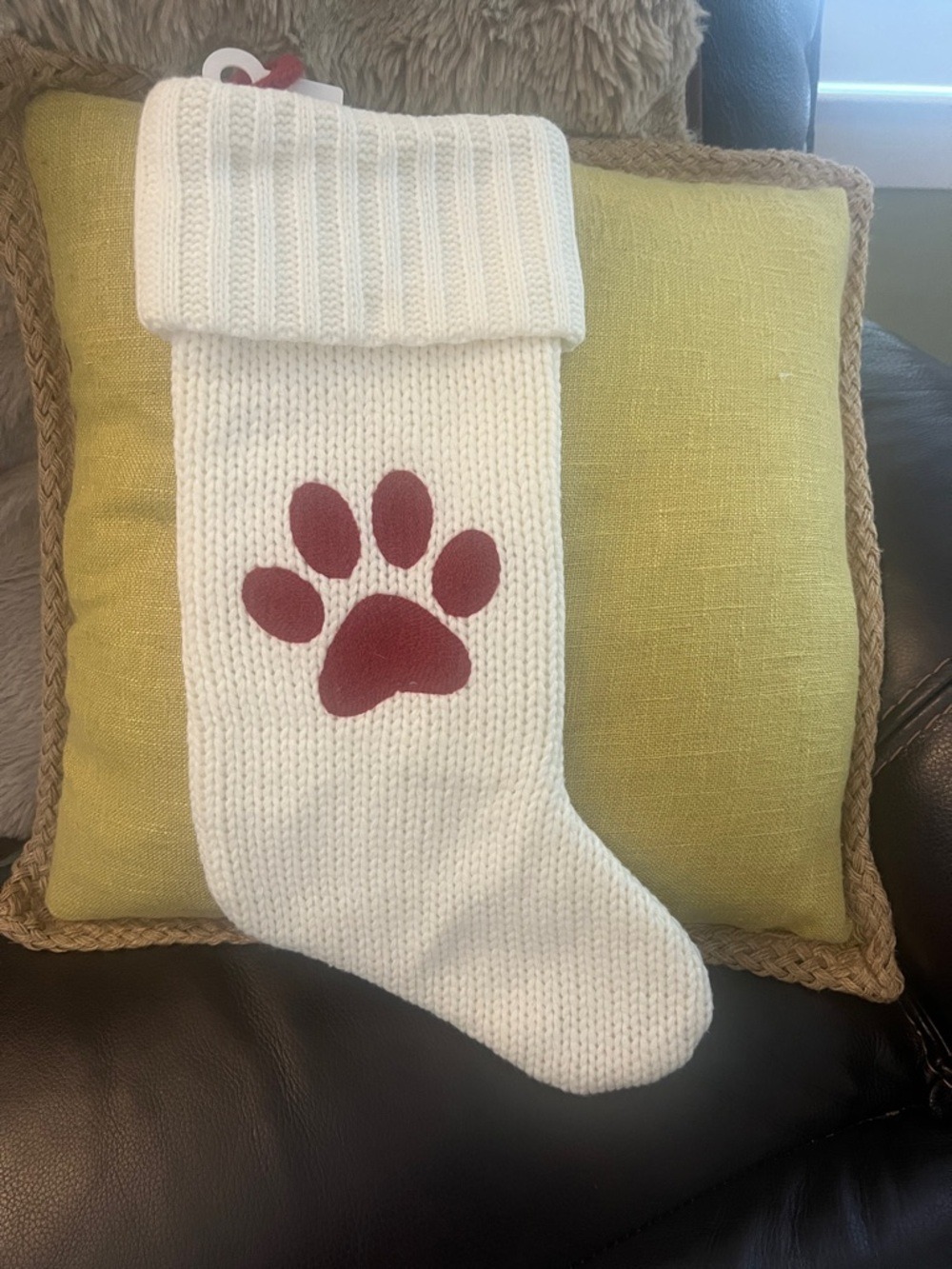 Target Cream Knit Holiday Stocking with Red Paw Print